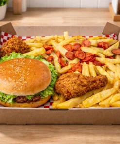 Box premium de comida con hamburguesa, papas fritas, salchichas y pollo crispy sobre mesa de cocina