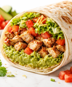 Burrito de pollo premium con lechuga, tomate, palta molida y queso sobre fondo blanco
