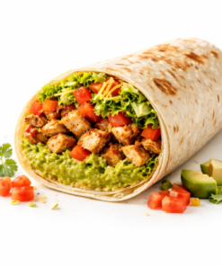 Burrito de pollo premium con lechuga, tomate, palta molida y queso sobre fondo blanco