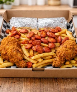 Caja premium con papas, pollo crispy, salchichas y burrito