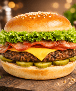 Hamburguesa bacon cheddar gourmet sobre fondo rústico para carrusel de tienda online