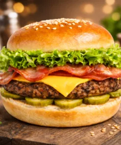 Hamburguesa bacon cheddar gourmet sobre fondo rústico para carrusel de tienda online