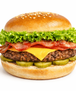 Hamburguesa con tocino crujiente, queso cheddar, lechuga fresca y pepinillos laminados