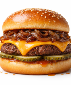 Hamburguesa gourmet con cebolla caramelizada, queso cheddar y pepinillos finos sobre fondo blanco