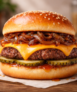 Hamburguesa gourmet con cheddar, cebolla caramelizada y pepinillos finos en fondo cocina cálido