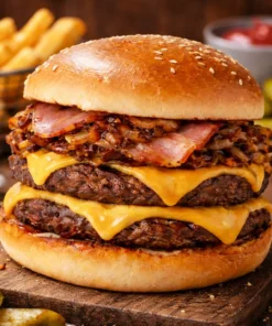 Hamburguesa doble con cheddar, tocino y cebolla caramelizada en fondo rústico para carrusel WooCommerce