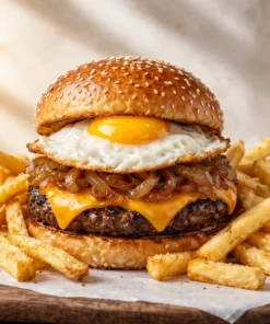 Hamburguesa gourmet con huevo, cheddar, cebolla caramelizada y papas fritas en fondo madera