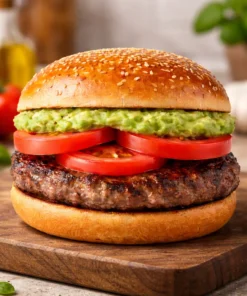 Hamburguesa La Italiana con palta limpia, tomate y carne a la parrilla en fondo estilo cocina gourmet