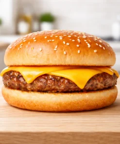 Hamburguesa simple La Luco con una carne de vacuno, tres láminas de queso cheddar derretido y pan con sésamo sobre fondo blanco.