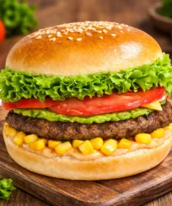 Hamburguesa gourmet con palta molida, lechuga, tomate y choclo sobre fondo de cocina rústica