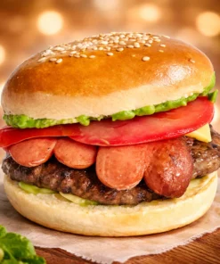 Hamburguesa gourmet con salchicha, palta, tomate y queso sobre fondo cálido tipo restaurante