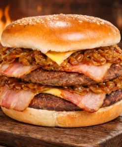 Monster Burger con doble carne, bacon y cebolla caramelizada en ambiente de cocina con fuego