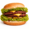 Hamburguesa Super Doble Verde con doble carne, queso cheddar y abundante lechuga fresca sobre fondo blanco