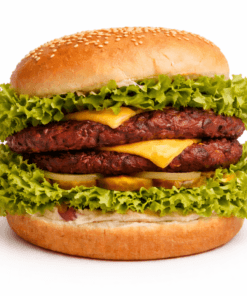 Hamburguesa Super Doble Verde con doble carne, queso cheddar y abundante lechuga fresca sobre fondo blanco