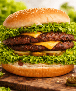 Hamburguesa Super Doble Verde con doble carne, queso cheddar y abundante lechuga en fondo rústico de cocina